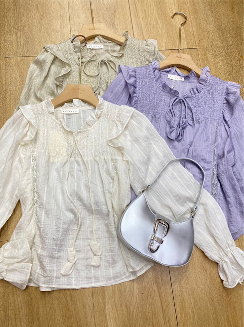 Women Vintage Ruffle Tie Latern Flare Sleeves Tops